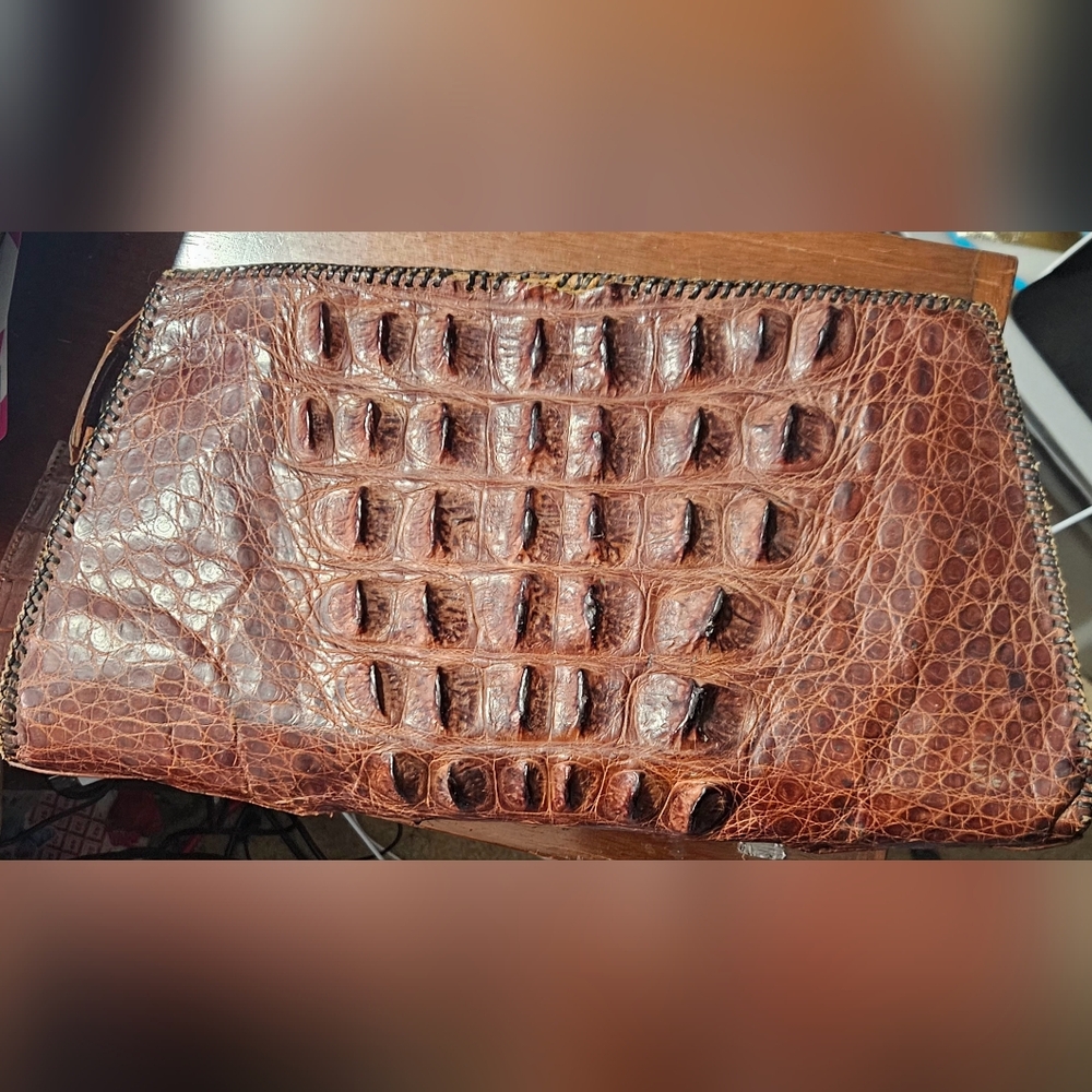Vintage Handmade alligator bag with zipper closure and wrist strap